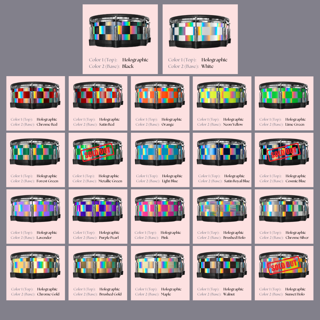 Easy-to-install vinyl snare drum wrap color catalogue featuring a wide range of color and pattern options, perfect for drummers looking to personalize their snare drum with unique designs.