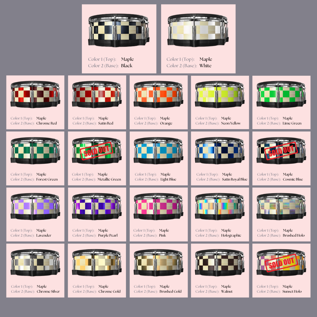 Easy-to-install vinyl snare drum wrap color catalogue featuring a wide range of color and pattern options, perfect for drummers looking to personalize their snare drum with unique designs.