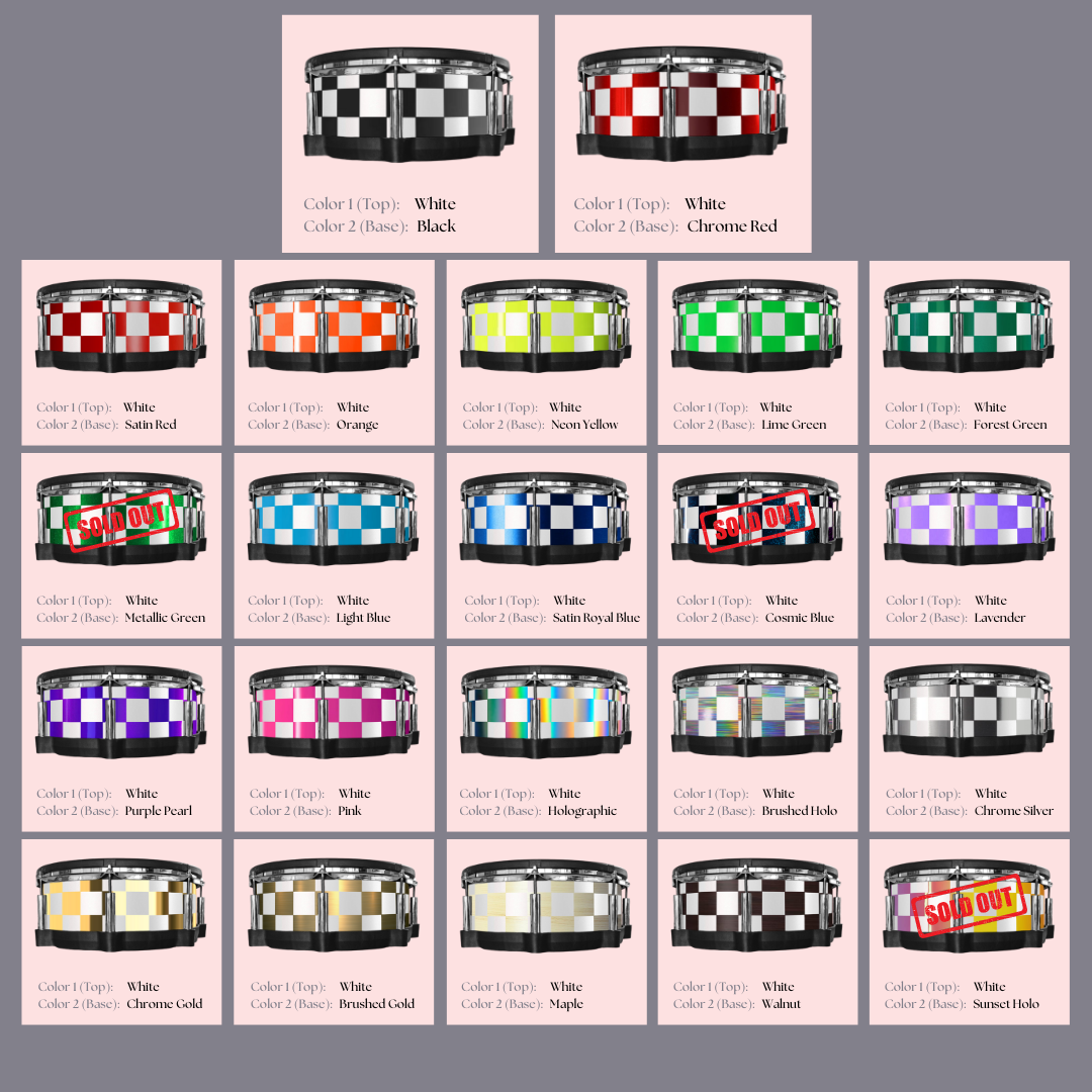 Easy-to-install vinyl snare drum wrap color catalogue featuring a wide range of color and pattern options, perfect for drummers looking to personalize their snare drum with unique designs.