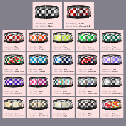 Easy-to-install vinyl snare drum wrap color catalogue featuring a wide range of color and pattern options, perfect for drummers looking to personalize their snare drum with unique designs.