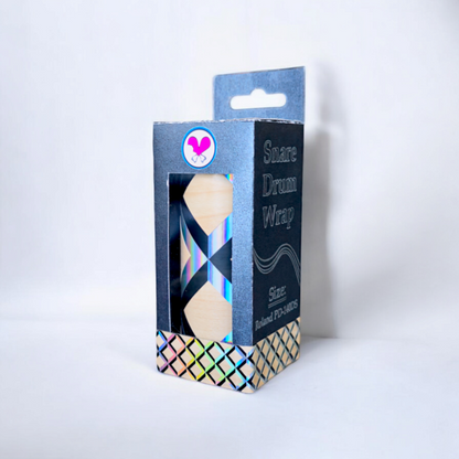 Custom black, maple and holographic vinyl snare drum wrap in its retail box packaging, highlighting the product's branding and secure packaging for drummers looking to enhance their snare drum's appearance. This custom snare wrap size fits a Roland PD-140DS electronic snare drum.