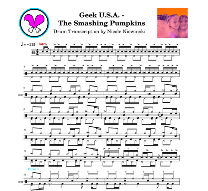 Preview of sheet music transcription for a drum set, showing the detailed notations and rhythms of a popular song, ideal for drummers looking to learn and practice accurate drum patterns.