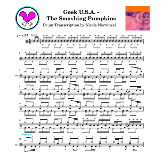 Preview of sheet music transcription for a drum set, showing the detailed notations and rhythms of a popular song, ideal for drummers looking to learn and practice accurate drum patterns.