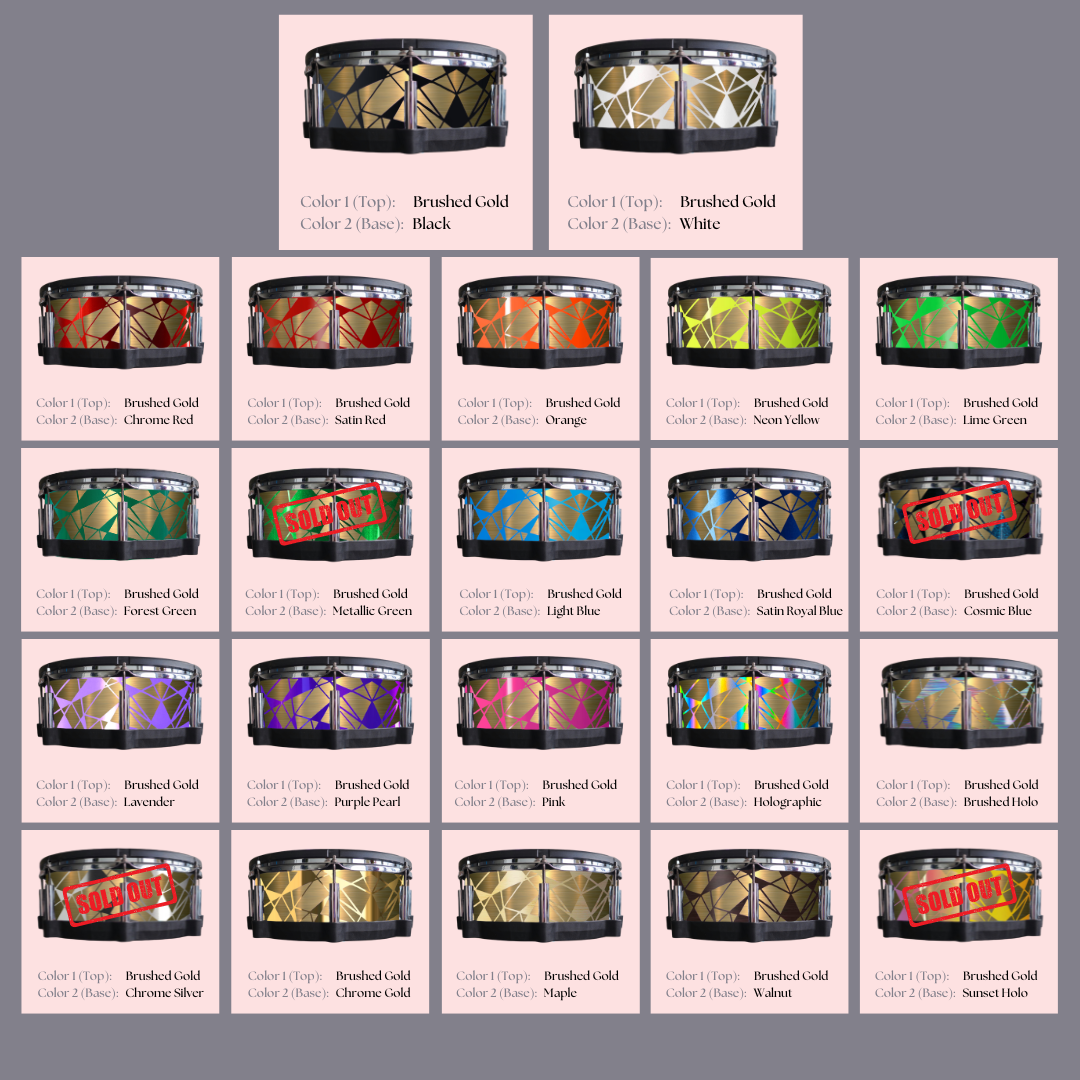 Easy-to-install custom vinyl snare drum wrap color catalogue featuring a wide range of color and pattern options on a snare drum, perfect for drummers looking to personalize their snare drum with unique designs.