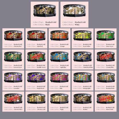 Easy-to-install custom vinyl snare drum wrap color catalogue featuring a wide range of color and pattern options on a snare drum, perfect for drummers looking to personalize their snare drum with unique designs.