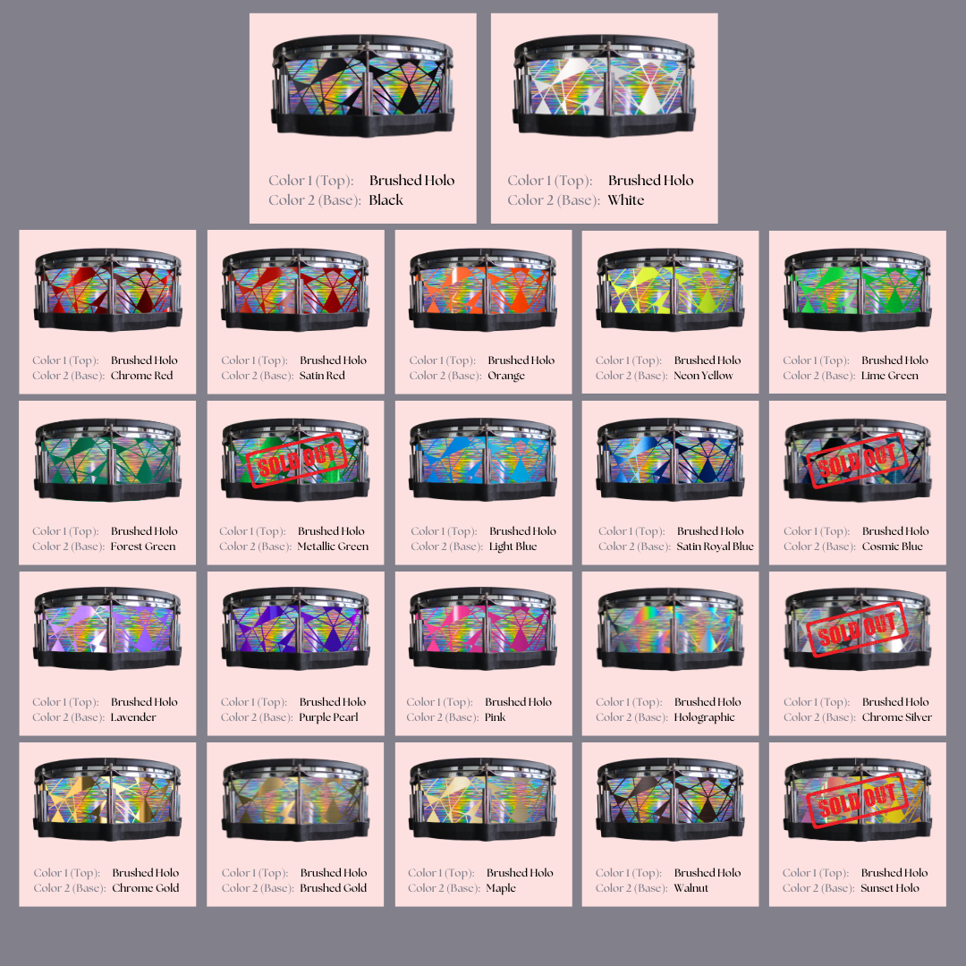 Easy-to-install custom vinyl snare drum wrap color catalogue featuring a wide range of color and pattern options on a snare drum, perfect for drummers looking to personalize their snare drum with unique designs.