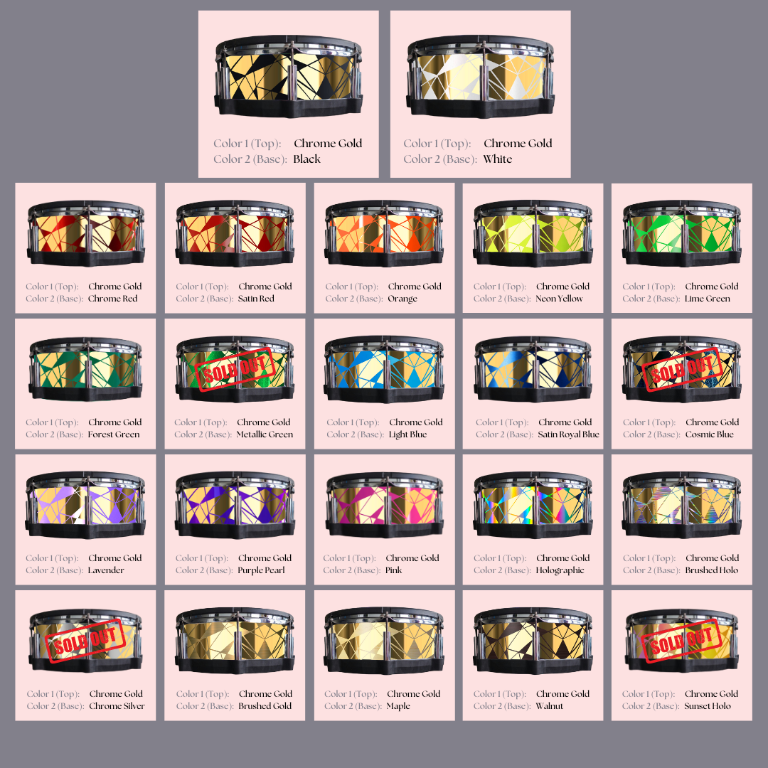 Easy-to-install custom vinyl snare drum wrap color catalogue featuring a wide range of color and pattern options on a snare drum, perfect for drummers looking to personalize their snare drum with unique designs.