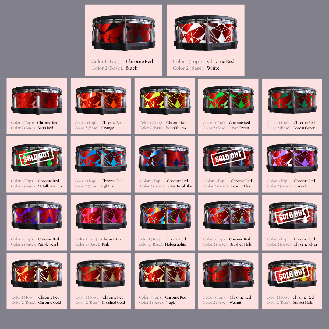 Easy-to-install custom vinyl snare drum wrap color catalogue featuring a wide range of color and pattern options on a snare drum, perfect for drummers looking to personalize their snare drum with unique designs.