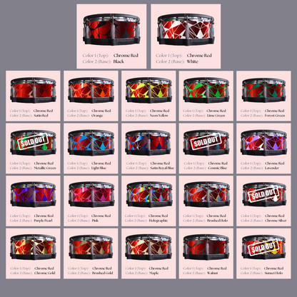 Easy-to-install custom vinyl snare drum wrap color catalogue featuring a wide range of color and pattern options on a snare drum, perfect for drummers looking to personalize their snare drum with unique designs.