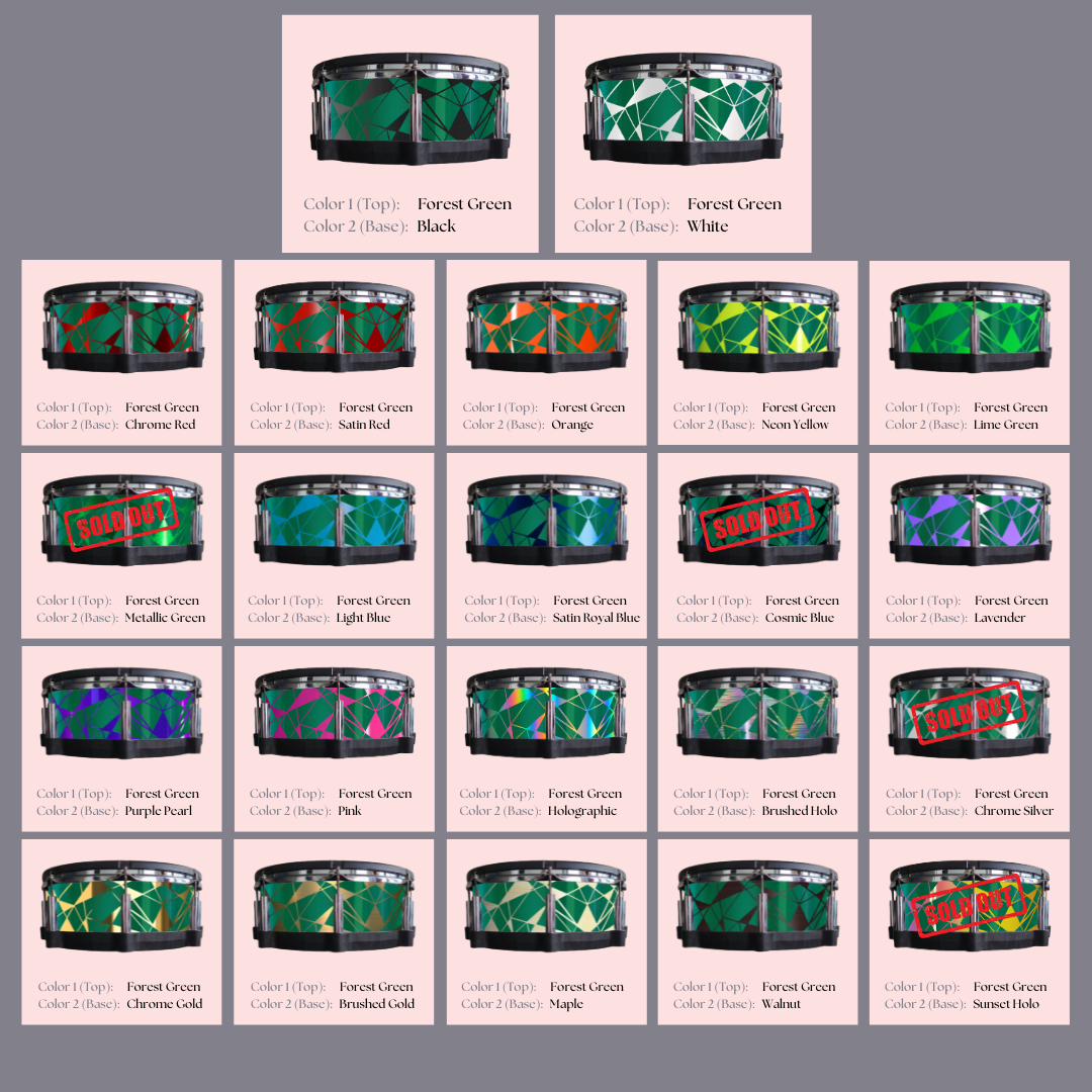 Easy-to-install custom vinyl snare drum wrap color catalogue featuring a wide range of color and pattern options on a snare drum, perfect for drummers looking to personalize their snare drum with unique designs.