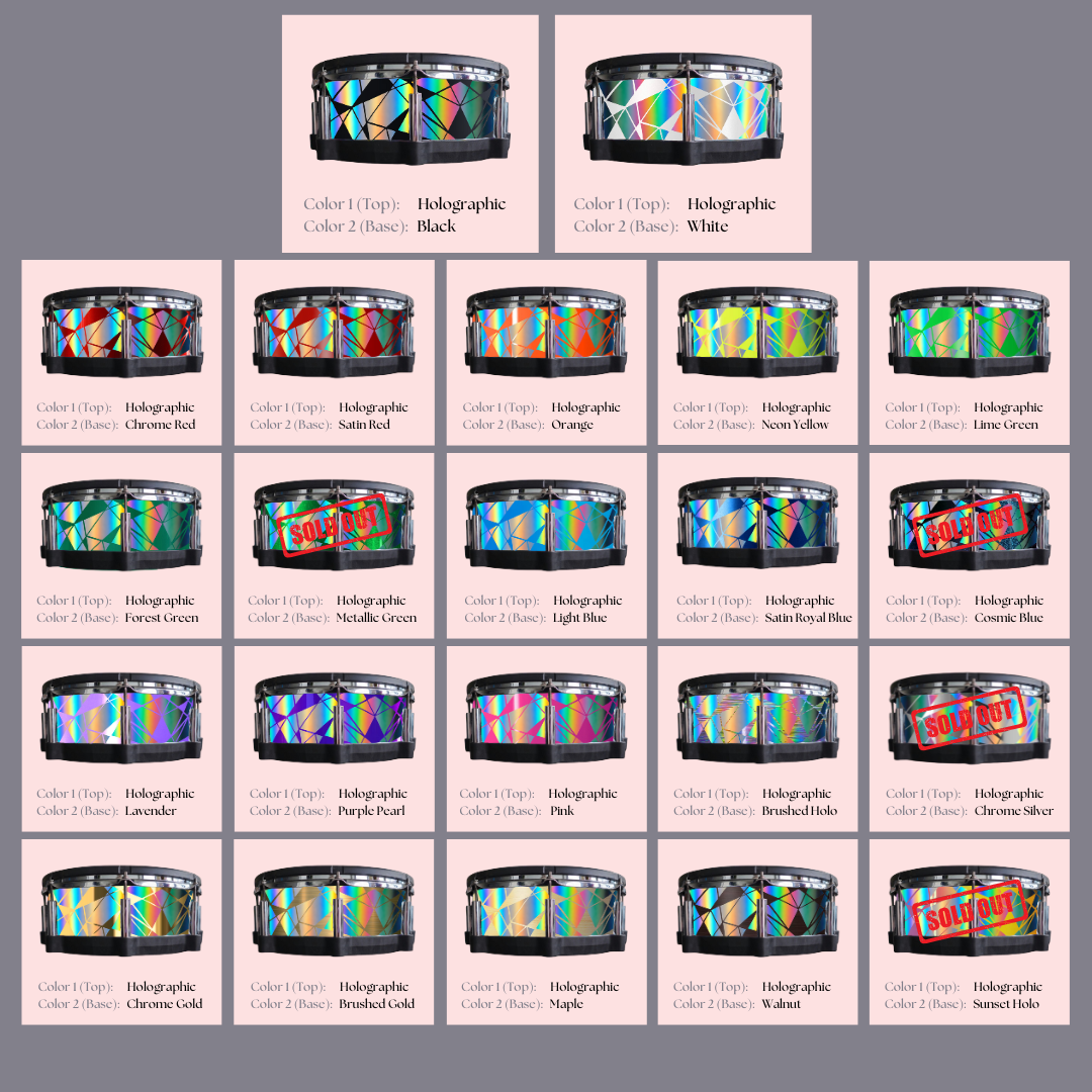 Easy-to-install custom vinyl snare drum wrap color catalogue featuring a wide range of color and pattern options on a snare drum, perfect for drummers looking to personalize their snare drum with unique designs.