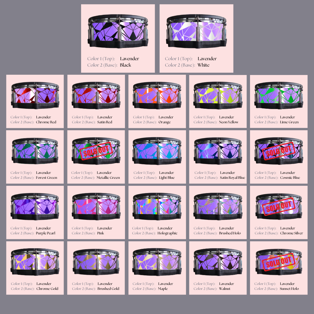 Easy-to-install custom vinyl snare drum wrap color catalogue featuring a wide range of color and pattern options on a snare drum, perfect for drummers looking to personalize their snare drum with unique designs.