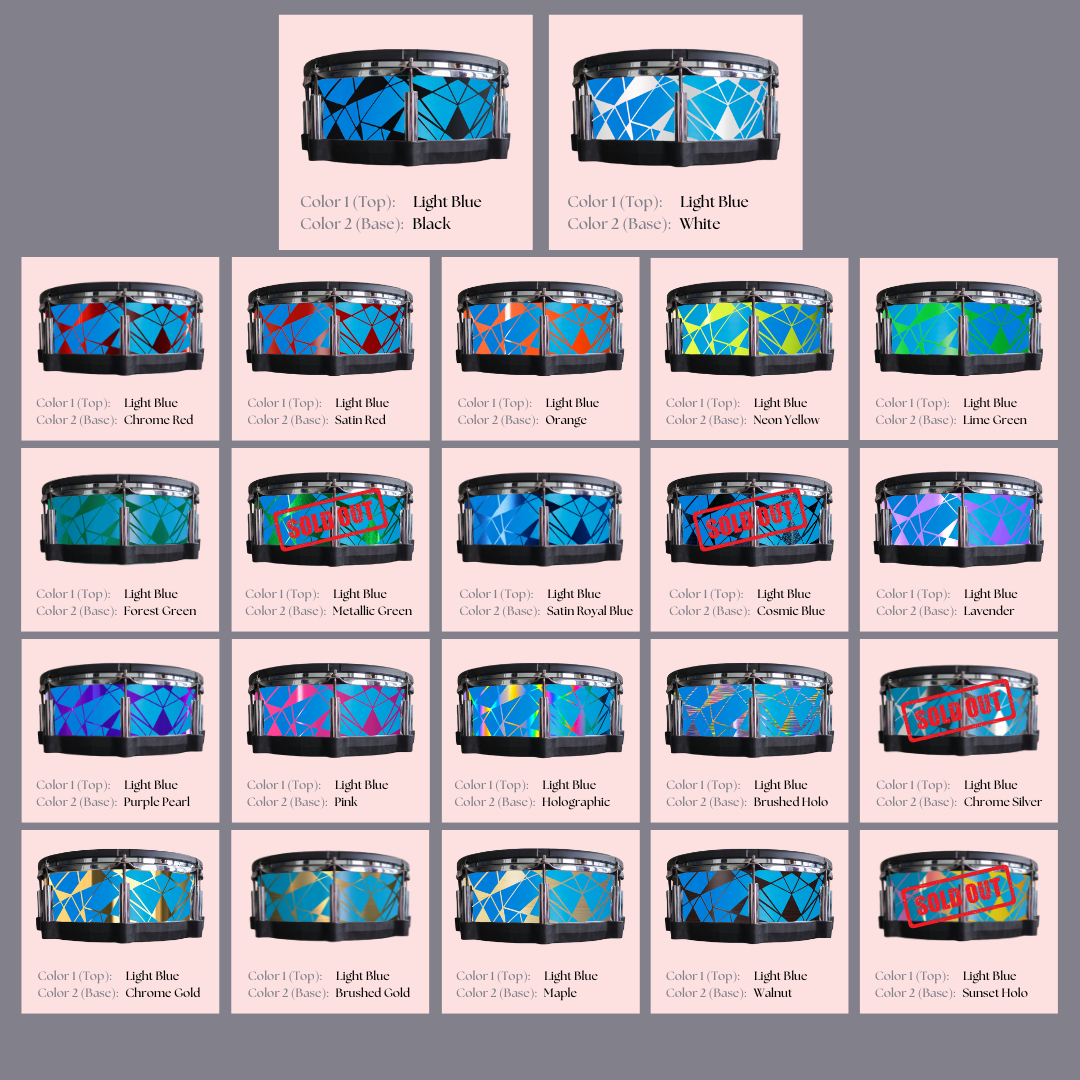 Easy-to-install custom vinyl snare drum wrap color catalogue featuring a wide range of color and pattern options on a snare drum, perfect for drummers looking to personalize their snare drum with unique designs.