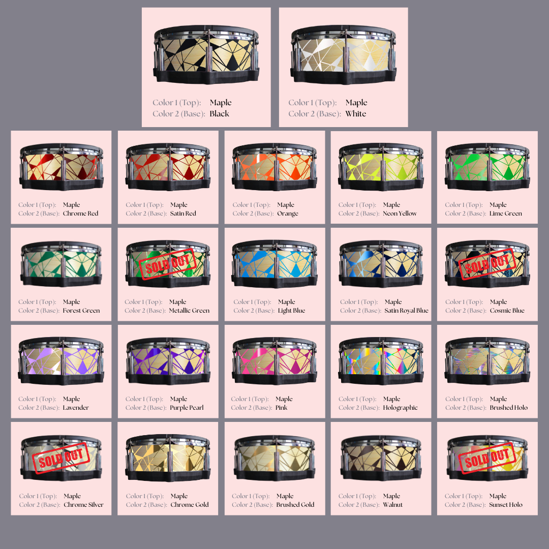 Easy-to-install custom vinyl snare drum wrap color catalogue featuring a wide range of color and pattern options on a snare drum, perfect for drummers looking to personalize their snare drum with unique designs.