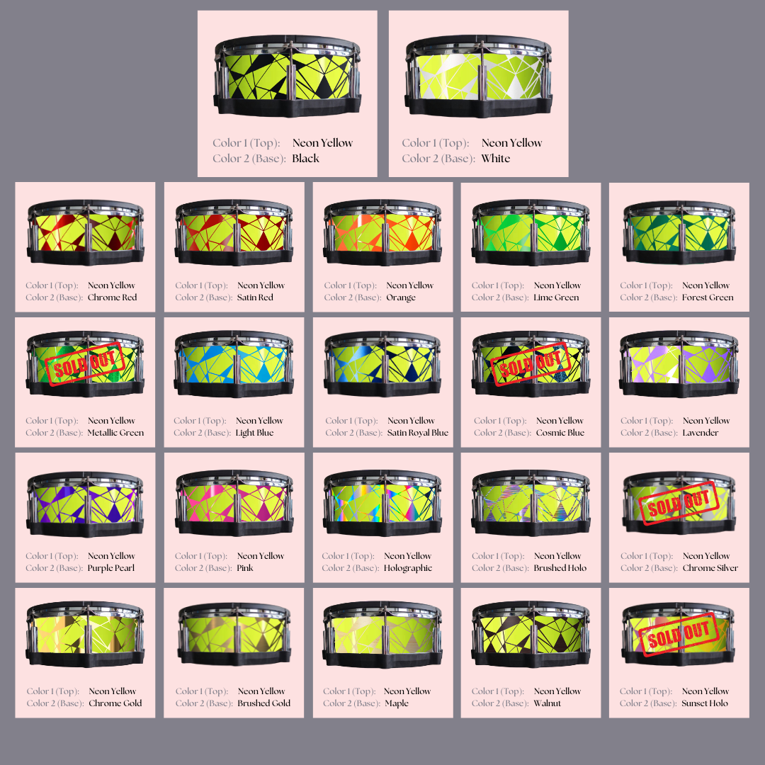 Easy-to-install custom vinyl snare drum wrap color catalogue featuring a wide range of color and pattern options on a snare drum, perfect for drummers looking to personalize their snare drum with unique designs.