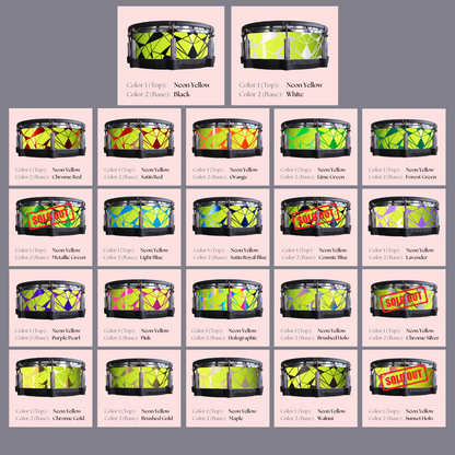 Easy-to-install custom vinyl snare drum wrap color catalogue featuring a wide range of color and pattern options on a snare drum, perfect for drummers looking to personalize their snare drum with unique designs.