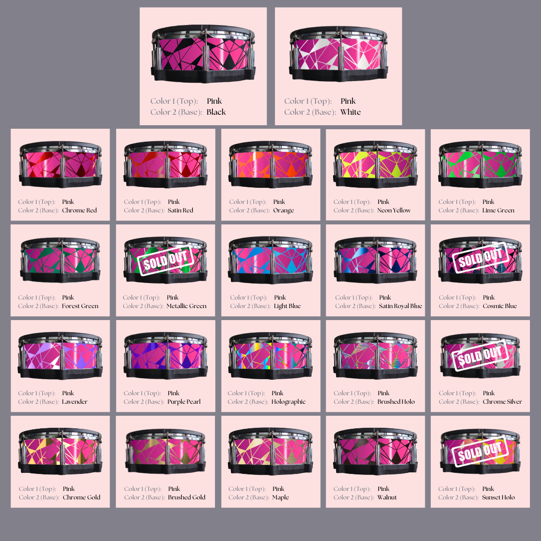 Easy-to-install custom vinyl snare drum wrap color catalogue featuring a wide range of color and pattern options on a snare drum, perfect for drummers looking to personalize their snare drum with unique designs.