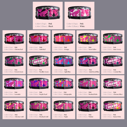 Easy-to-install custom vinyl snare drum wrap color catalogue featuring a wide range of color and pattern options on a snare drum, perfect for drummers looking to personalize their snare drum with unique designs.