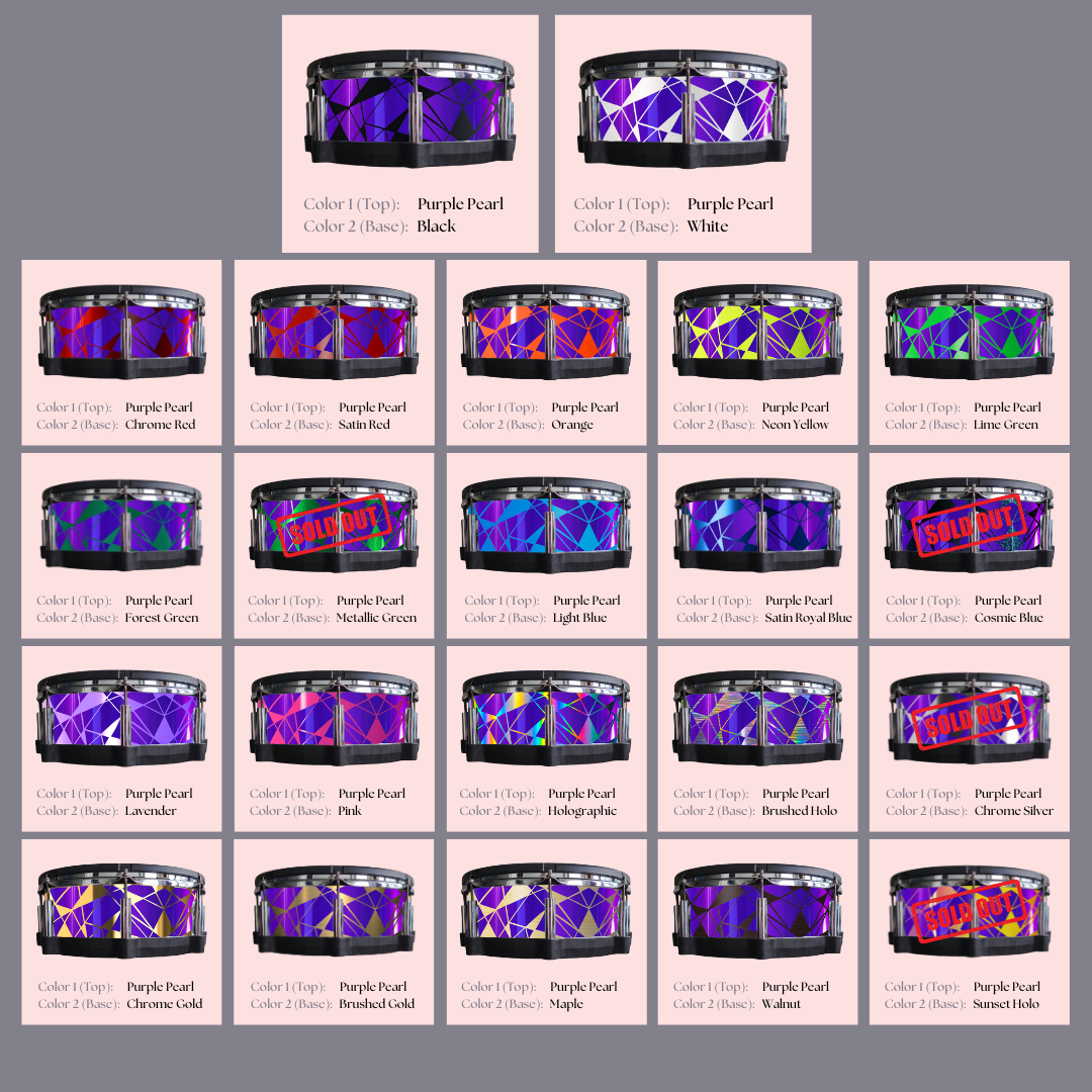 Easy-to-install custom vinyl snare drum wrap color catalogue featuring a wide range of color and pattern options on a snare drum, perfect for drummers looking to personalize their snare drum with unique designs.