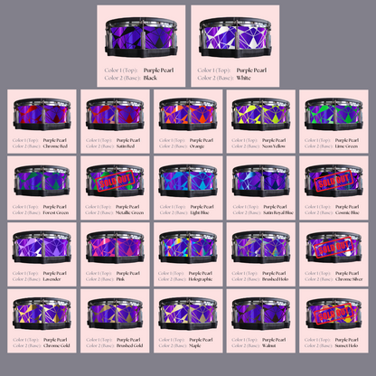 Easy-to-install custom vinyl snare drum wrap color catalogue featuring a wide range of color and pattern options on a snare drum, perfect for drummers looking to personalize their snare drum with unique designs.
