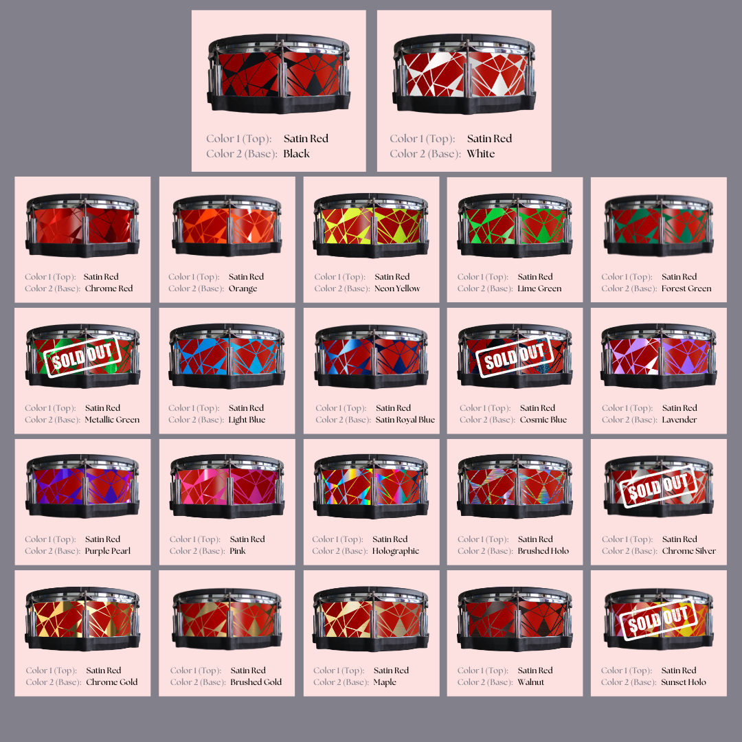Easy-to-install custom vinyl snare drum wrap color catalogue featuring a wide range of color and pattern options on a snare drum, perfect for drummers looking to personalize their snare drum with unique designs.