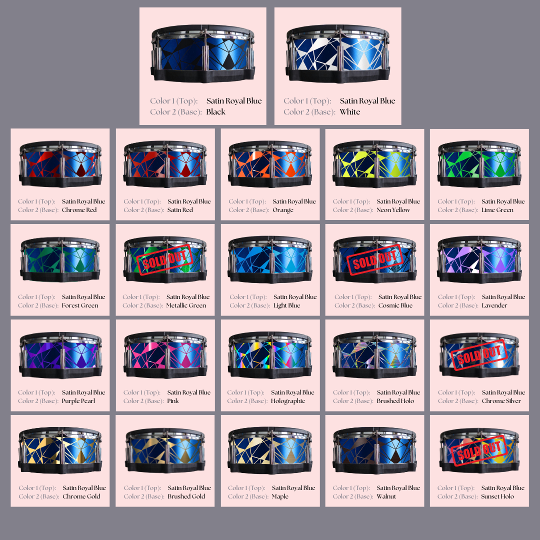 Easy-to-install custom vinyl snare drum wrap color catalogue featuring a wide range of color and pattern options on a snare drum, perfect for drummers looking to personalize their snare drum with unique designs.