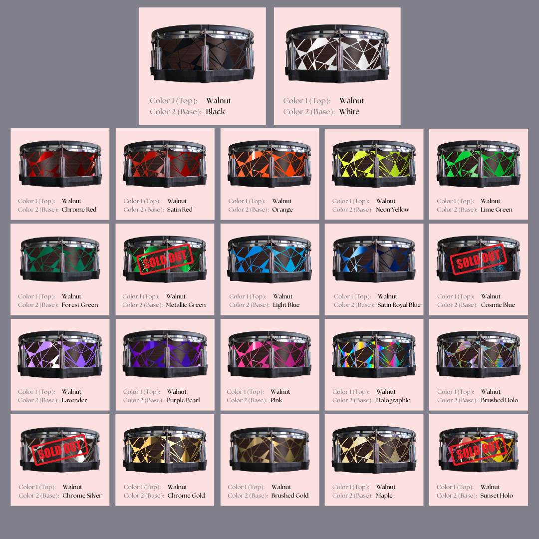Easy-to-install custom vinyl snare drum wrap color catalogue featuring a wide range of color and pattern options on a snare drum, perfect for drummers looking to personalize their snare drum with unique designs.