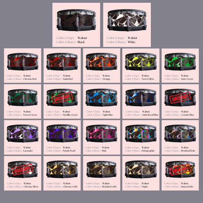Easy-to-install custom vinyl snare drum wrap color catalogue featuring a wide range of color and pattern options on a snare drum, perfect for drummers looking to personalize their snare drum with unique designs.
