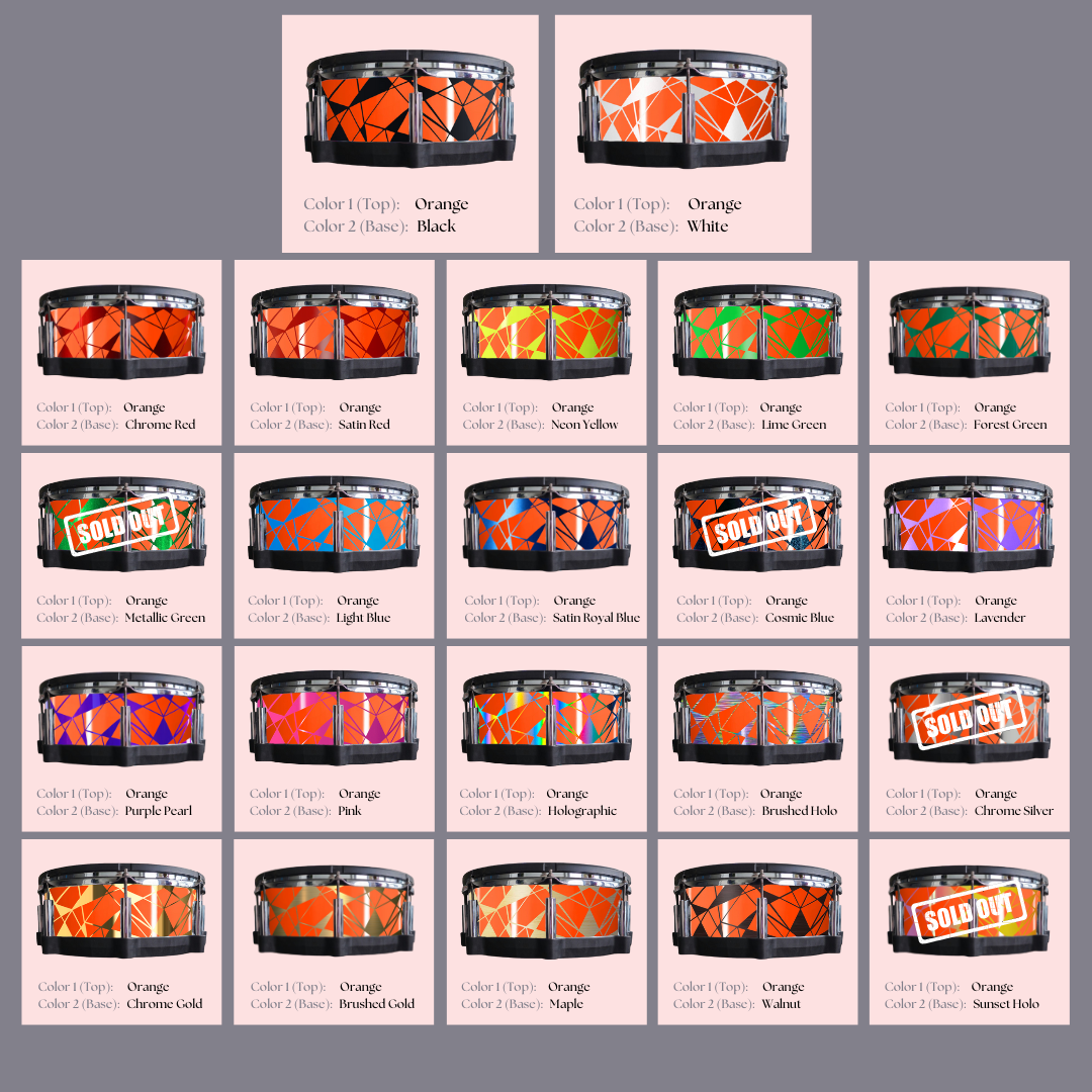 Easy-to-install custom vinyl snare drum wrap color catalogue featuring a wide range of color and pattern options on a snare drum, perfect for drummers looking to personalize their snare drum with unique designs.