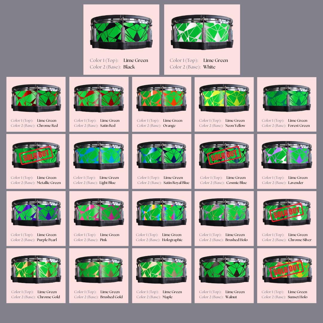 Easy-to-install custom vinyl snare drum wrap color catalogue featuring a wide range of color and pattern options on a snare drum, perfect for drummers looking to personalize their snare drum with unique designs.