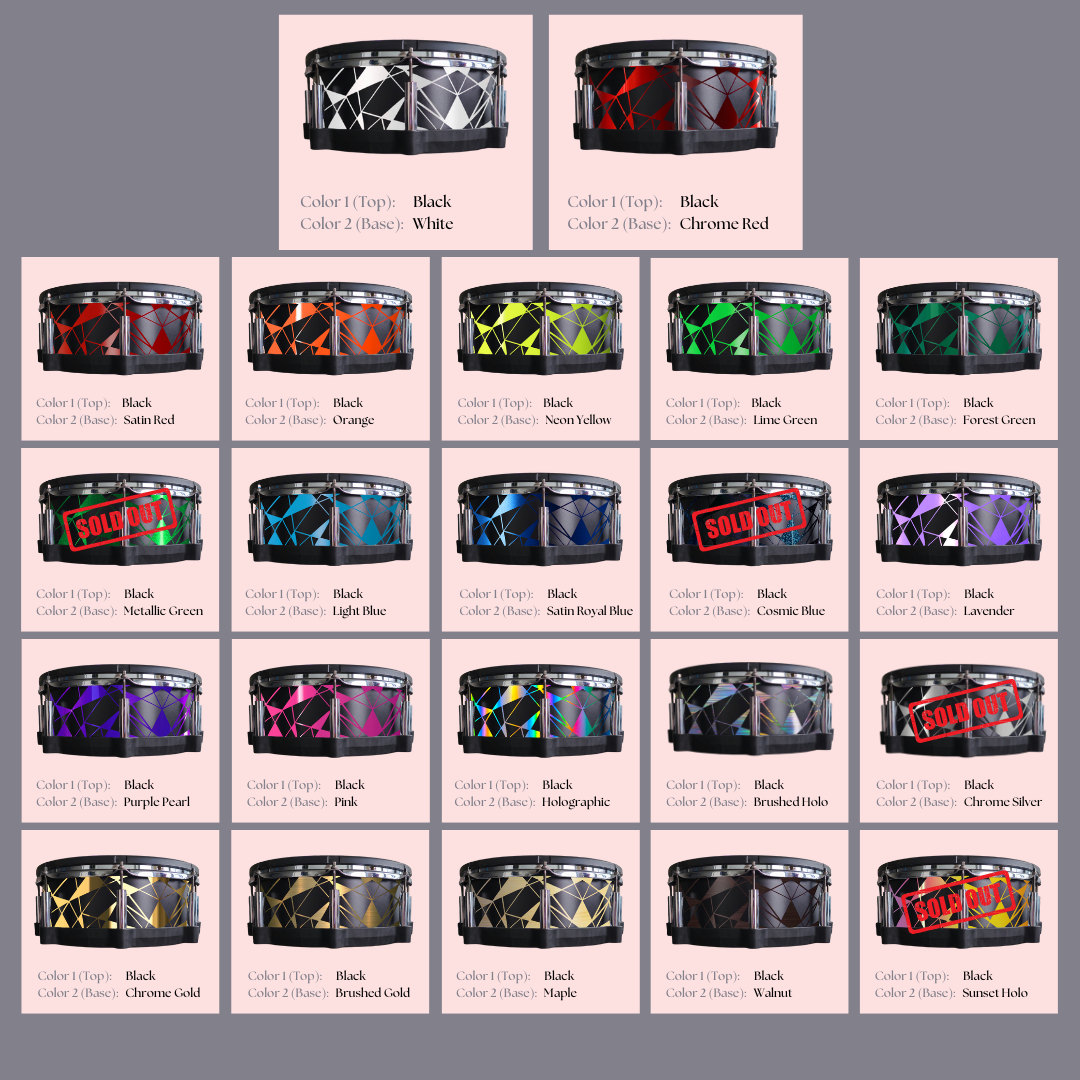 Easy-to-install custom vinyl snare drum wrap color catalogue featuring a wide range of color and pattern options on a snare drum, perfect for drummers looking to personalize their snare drum with unique designs.