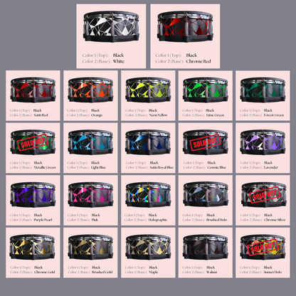 Easy-to-install custom vinyl snare drum wrap color catalogue featuring a wide range of color and pattern options on a snare drum, perfect for drummers looking to personalize their snare drum with unique designs.