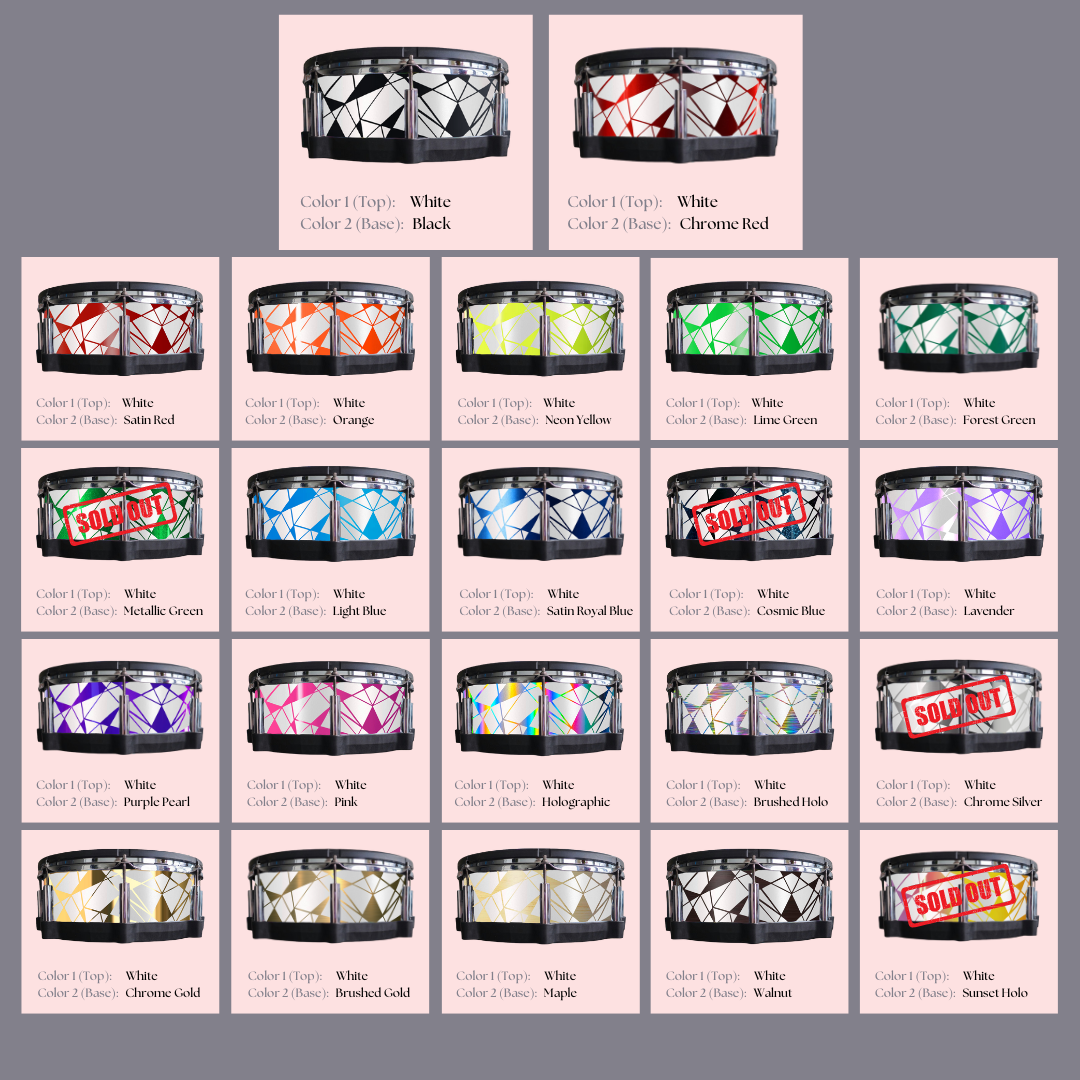 Easy-to-install custom vinyl snare drum wrap color catalogue featuring a wide range of color and pattern options on a snare drum, perfect for drummers looking to personalize their snare drum with unique designs.