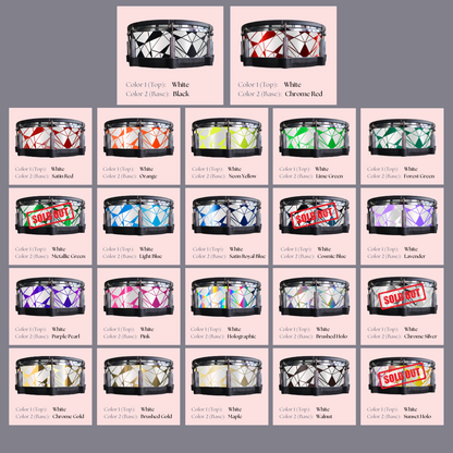 Easy-to-install custom vinyl snare drum wrap color catalogue featuring a wide range of color and pattern options on a snare drum, perfect for drummers looking to personalize their snare drum with unique designs.