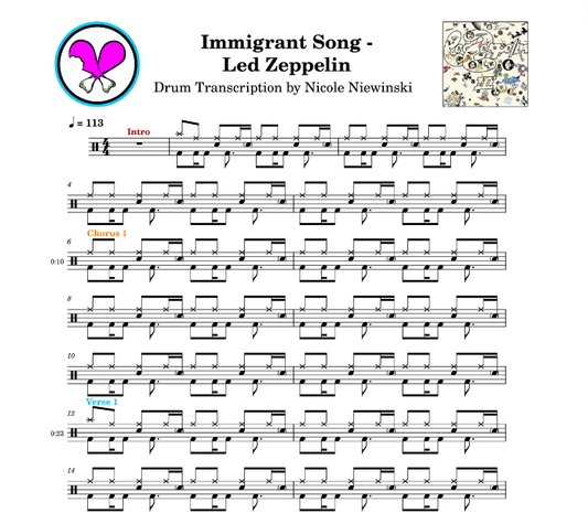 Preview of sheet music transcription for a drum set, showing the detailed notations and rhythms of the popular song immigrant song by led zeppelin, ideal for drummers looking to learn and practice accurate drum patterns.