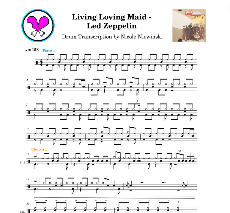 Preview of sheet music transcription for a drum set, showing the detailed notations and rhythms of the popular song living loving maid by led zeppelin, ideal for drummers looking to learn and practice accurate drum patterns.