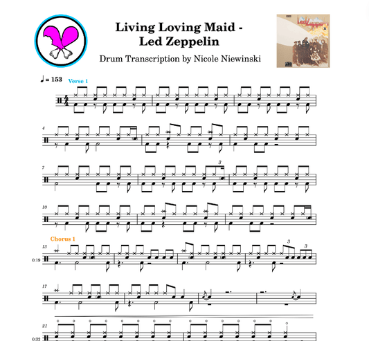 Preview of sheet music transcription for a drum set, showing the detailed notations and rhythms of the popular song living loving maid by led zeppelin, ideal for drummers looking to learn and practice accurate drum patterns.