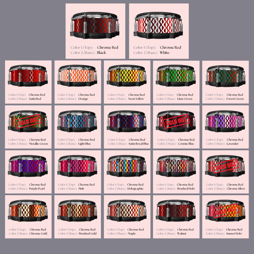 Easy-to-install custom vinyl snare drum wrap color catalogue featuring a wide range of color and pattern options on a snare drum, perfect for drummers looking to personalize their snare drum with unique designs.
