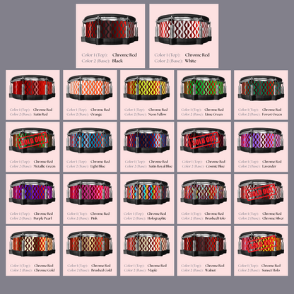 Easy-to-install custom vinyl snare drum wrap color catalogue featuring a wide range of color and pattern options on a snare drum, perfect for drummers looking to personalize their snare drum with unique designs.