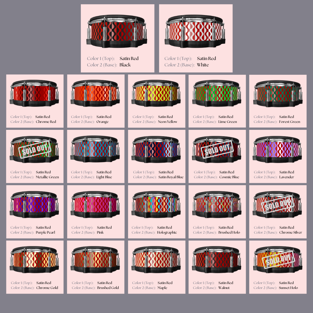 
Easy-to-install custom vinyl snare drum wrap color catalogue featuring a wide range of color and pattern options on a snare drum, perfect for drummers looking to personalize their snare drum with unique designs.