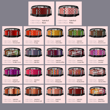 
Easy-to-install custom vinyl snare drum wrap color catalogue featuring a wide range of color and pattern options on a snare drum, perfect for drummers looking to personalize their snare drum with unique designs.