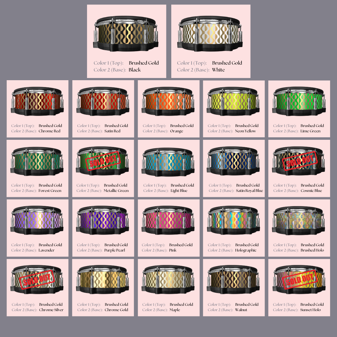 Easy-to-install custom vinyl snare drum wrap color catalogue featuring a wide range of color and pattern options on a snare drum, perfect for drummers looking to personalize their snare drum with unique designs.