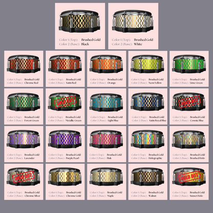 Easy-to-install custom vinyl snare drum wrap color catalogue featuring a wide range of color and pattern options on a snare drum, perfect for drummers looking to personalize their snare drum with unique designs.