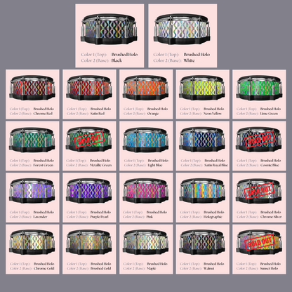 Easy-to-install custom vinyl snare drum wrap color catalogue featuring a wide range of color and pattern options on a snare drum, perfect for drummers looking to personalize their snare drum with unique designs.