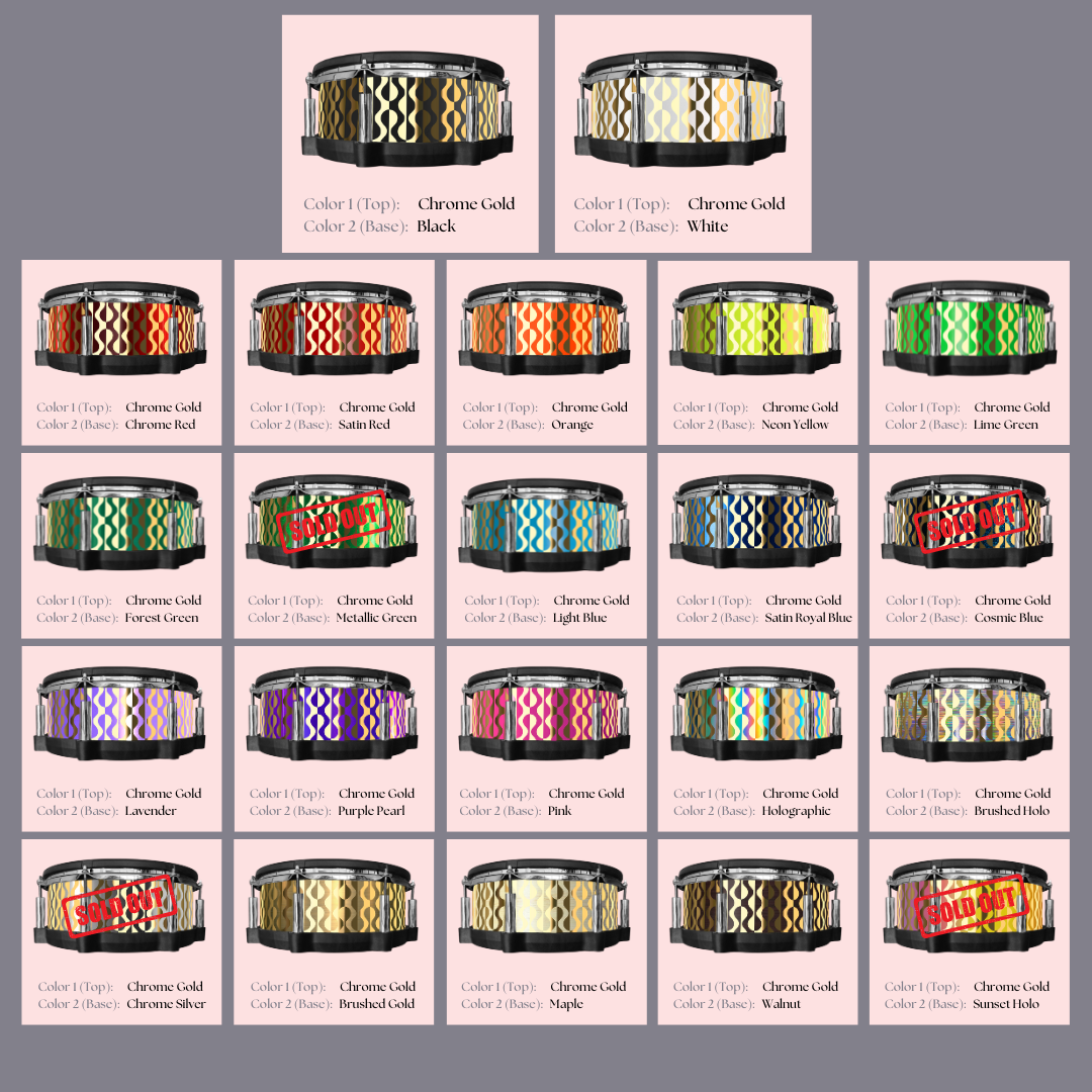 Easy-to-install custom vinyl snare drum wrap color catalogue featuring a wide range of color and pattern options on a snare drum, perfect for drummers looking to personalize their snare drum with unique designs.
