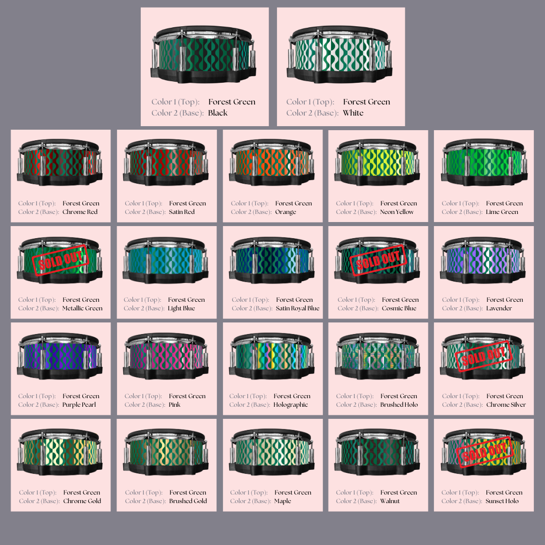 Easy-to-install custom vinyl snare drum wrap color catalogue featuring a wide range of color and pattern options on a snare drum, perfect for drummers looking to personalize their snare drum with unique designs.
