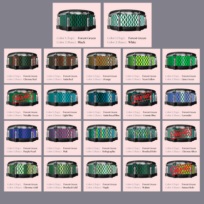 Easy-to-install custom vinyl snare drum wrap color catalogue featuring a wide range of color and pattern options on a snare drum, perfect for drummers looking to personalize their snare drum with unique designs.