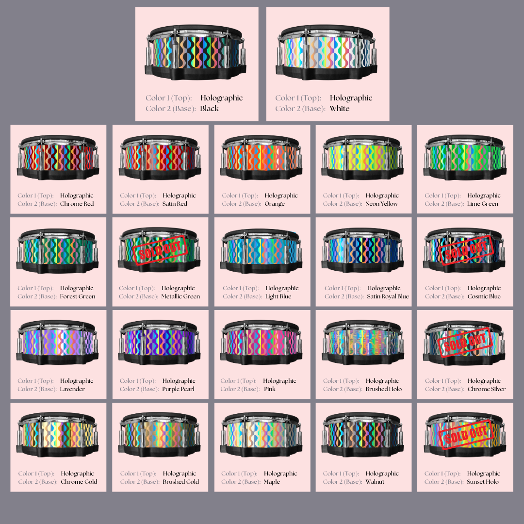 Easy-to-install custom vinyl snare drum wrap color catalogue featuring a wide range of color and pattern options on a snare drum, perfect for drummers looking to personalize their snare drum with unique designs.