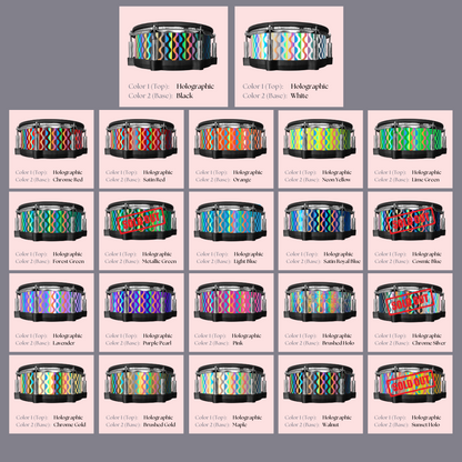 Easy-to-install custom vinyl snare drum wrap color catalogue featuring a wide range of color and pattern options on a snare drum, perfect for drummers looking to personalize their snare drum with unique designs.