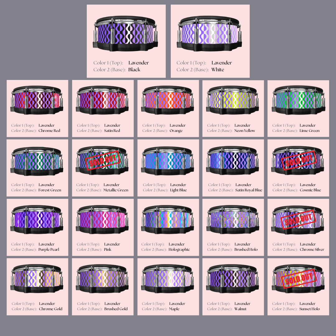 Easy-to-install custom vinyl snare drum wrap color catalogue featuring a wide range of color and pattern options on a snare drum, perfect for drummers looking to personalize their snare drum with unique designs.